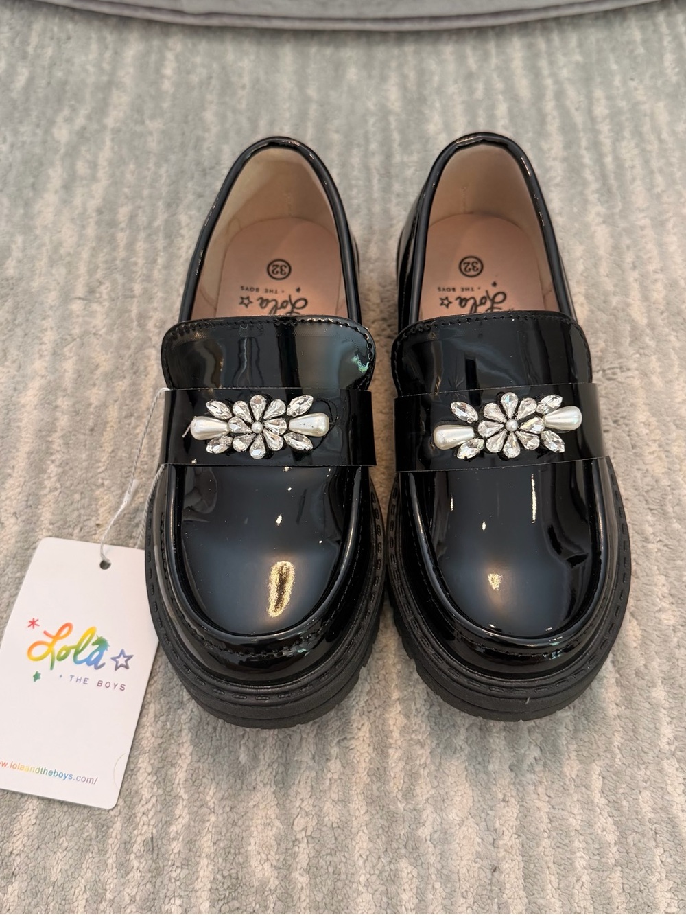 Lola + The Boys Black Patent Loafers with Crystal Flower Accent